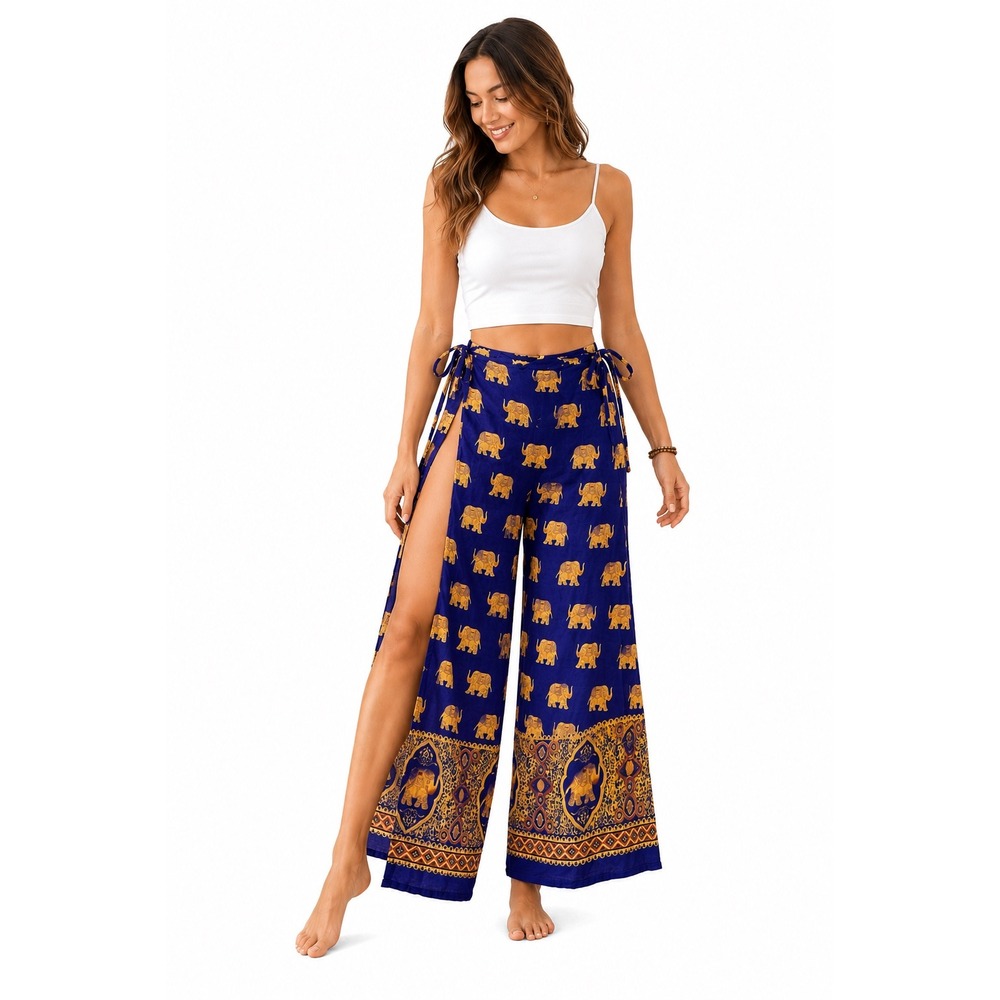 Boho Elephant Print Wrap Pants Blue Gold Thai Adjustable Side Tie Festival S/M/L